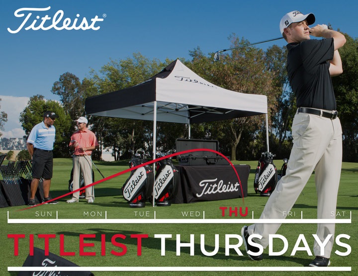 Advertisement for Titleist Thursdays, featuring a golfer teeing off in front of other golfers and the Titleist tent
